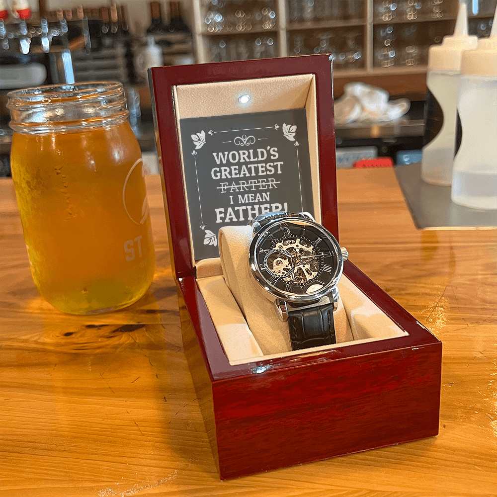 World's Greatest Farter I Mean Father Message Card with a New Men's Openwork Watch