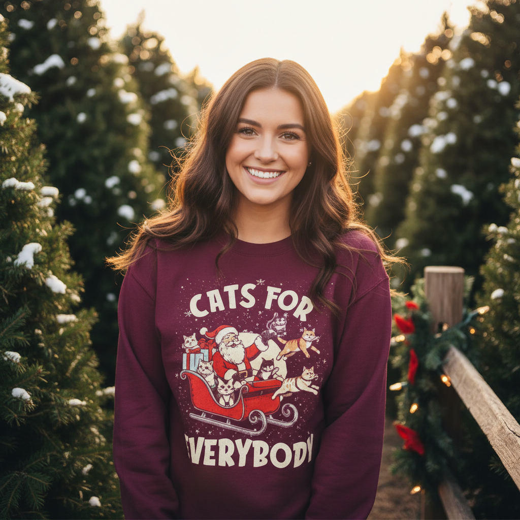 Woman wearing a maroon sweatshirt with a Christmas-themed design in a snowy outdoor setting