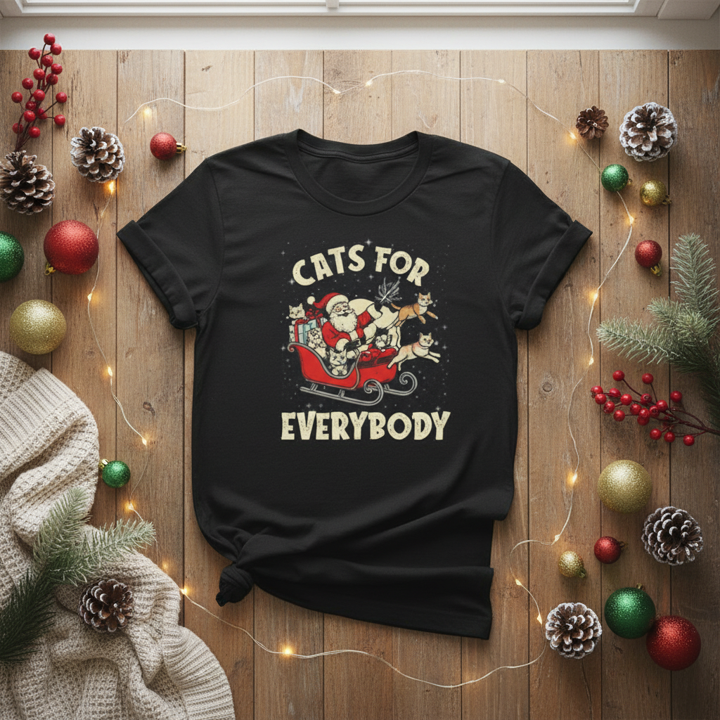 Black t-shirt with Christmas-themed design on a wooden surface with festive decorations.