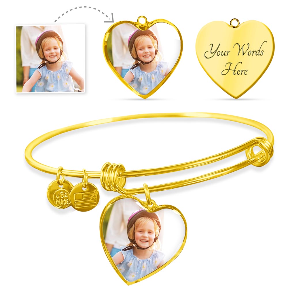 To Daughter Love Mom Personalized Heart Pendant Bangle in Gold or Surgical Steel