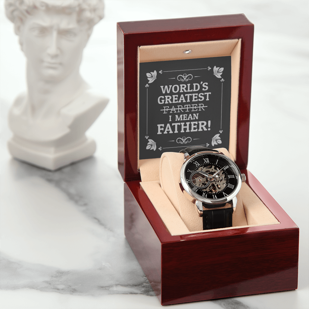 World's Greatest Farter I Mean Father Message Card with a New Men's Openwork Watch