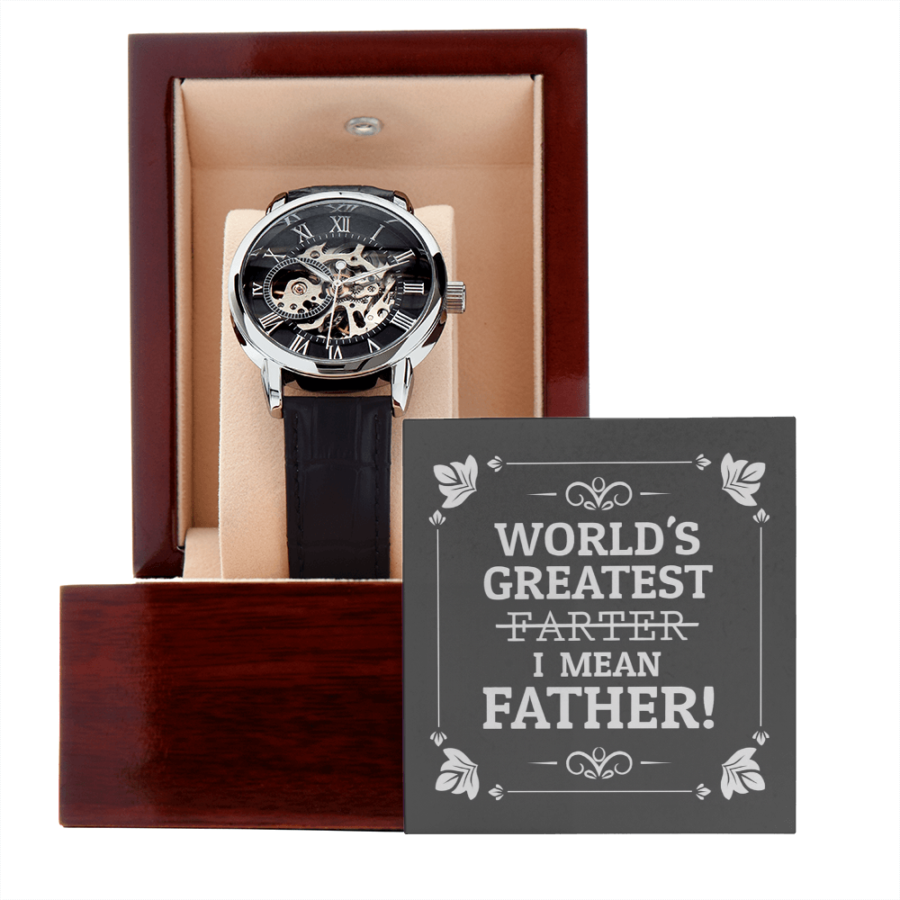 World's Greatest Farter I Mean Father Message Card with a New Men's Openwork Watch