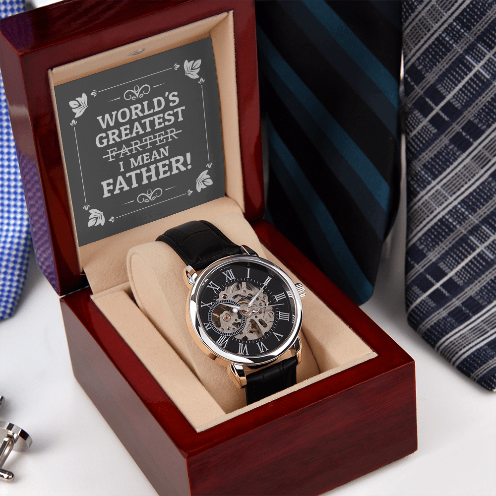 World's Greatest Farter I Mean Father Message Card with a New Men's Openwork Watch