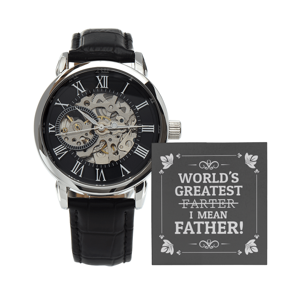 World's Greatest Farter I Mean Father Message Card with a New Men's Openwork Watch