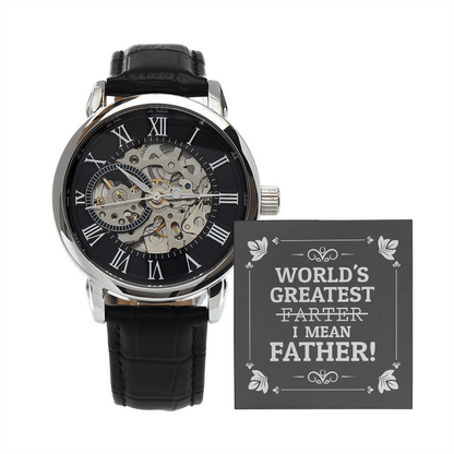 World's Greatest Farter I Mean Father Message Card with a New Men's Openwork Watch