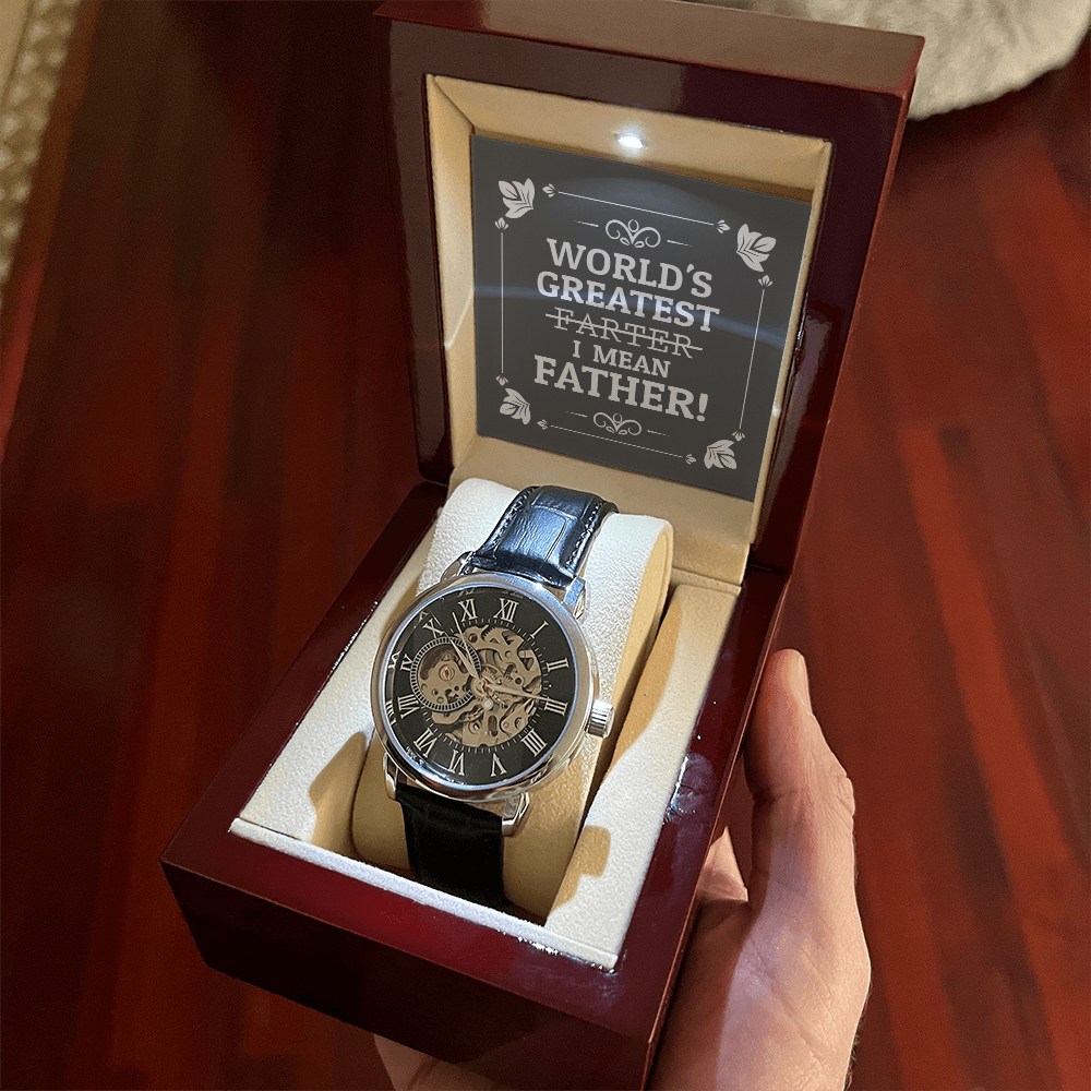 World's Greatest Farter I Mean Father Message Card with a New Men's Openwork Watch