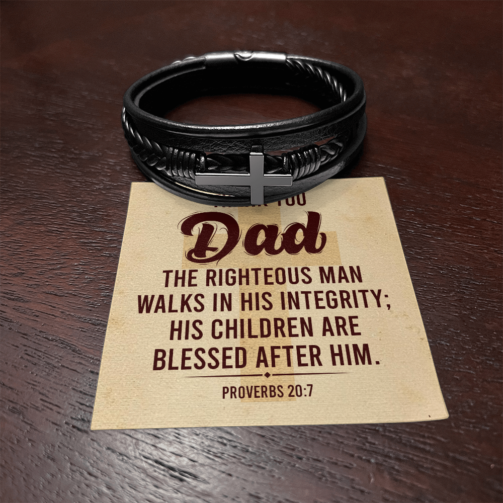 Dad The Righteous Man Walks in His Inegrity Men's Cross Leather Bracelet