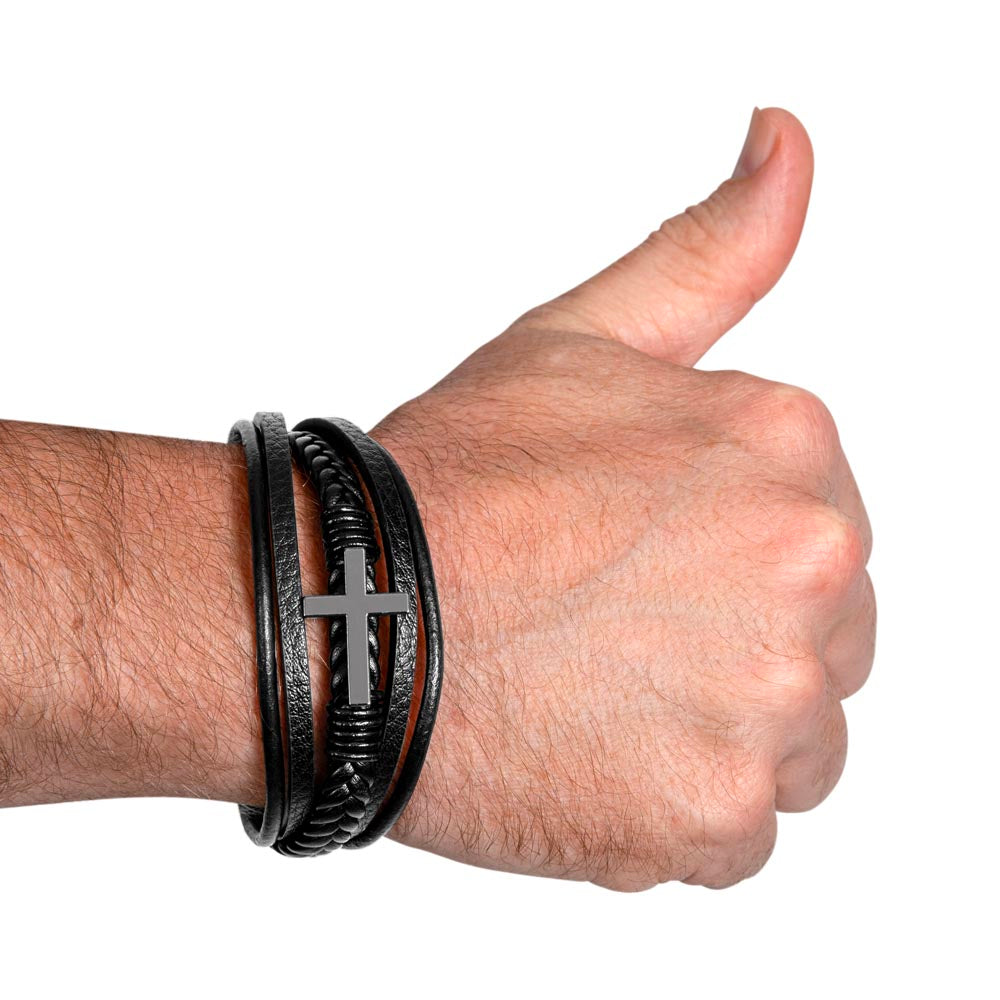 Dad The Righteous Man Walks in His Inegrity Men's Cross Leather Bracelet