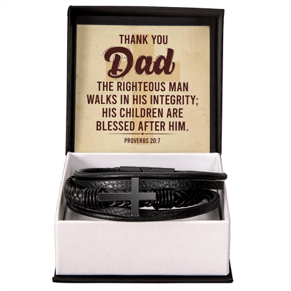 Dad The Righteous Man Walks in His Inegrity Men's Cross Leather Bracelet