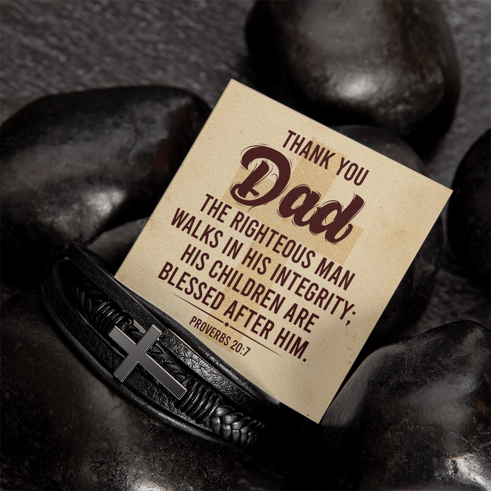 Dad The Righteous Man Walks in His Inegrity Men's Cross Leather Bracelet