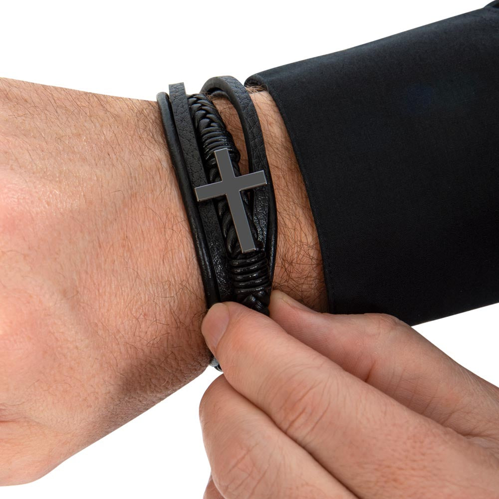 Dad The Righteous Man Walks in His Inegrity Men's Cross Leather Bracelet