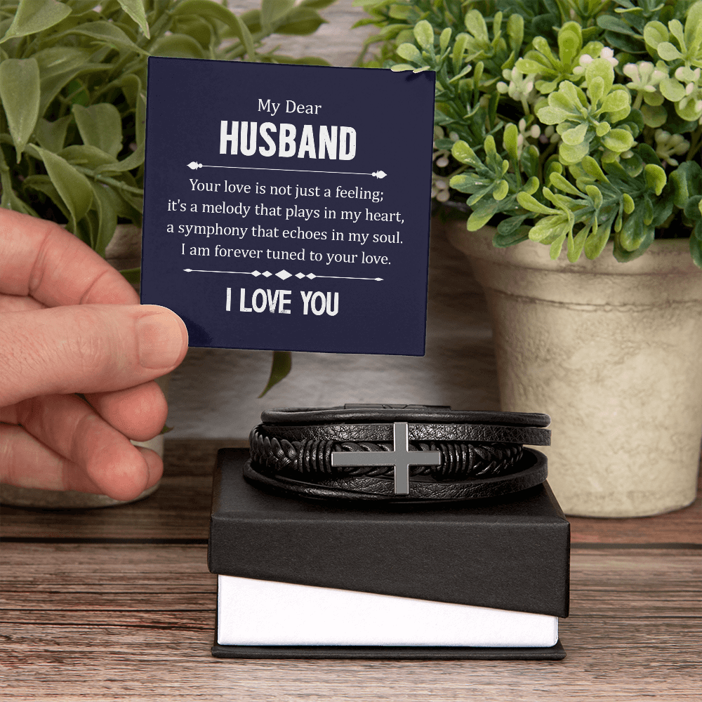 Husband Your Love is Not Just a Feeling Men's Cross Leather Bracelet