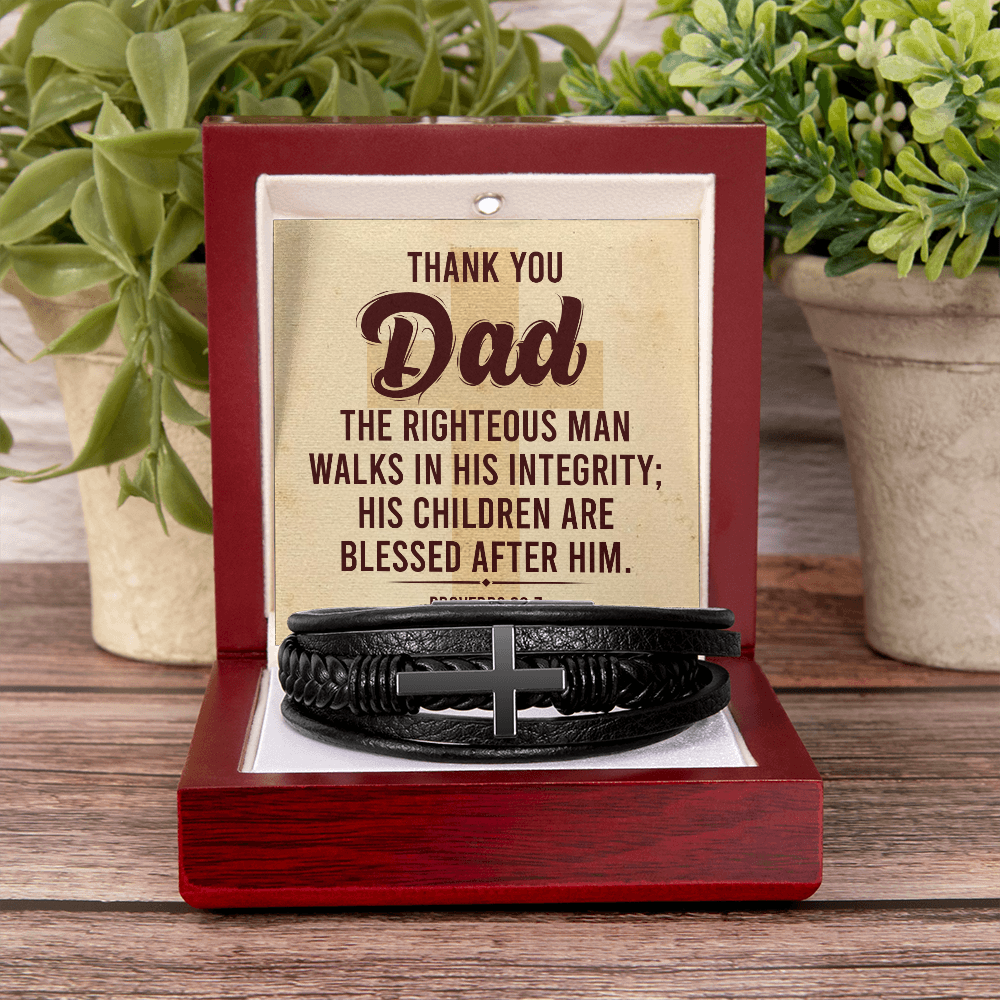 Dad The Righteous Man Walks in His Inegrity Men's Cross Leather Bracelet