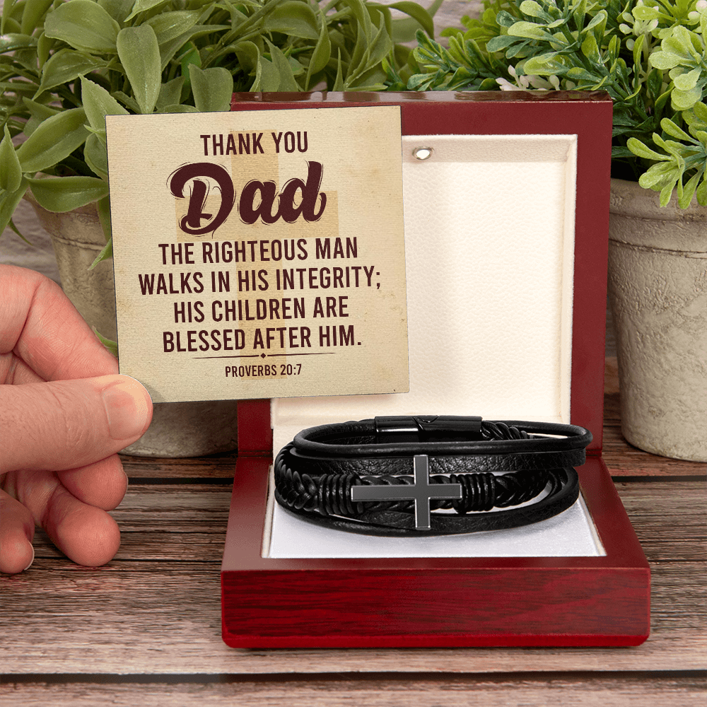 Dad The Righteous Man Walks in His Inegrity Men's Cross Leather Bracelet