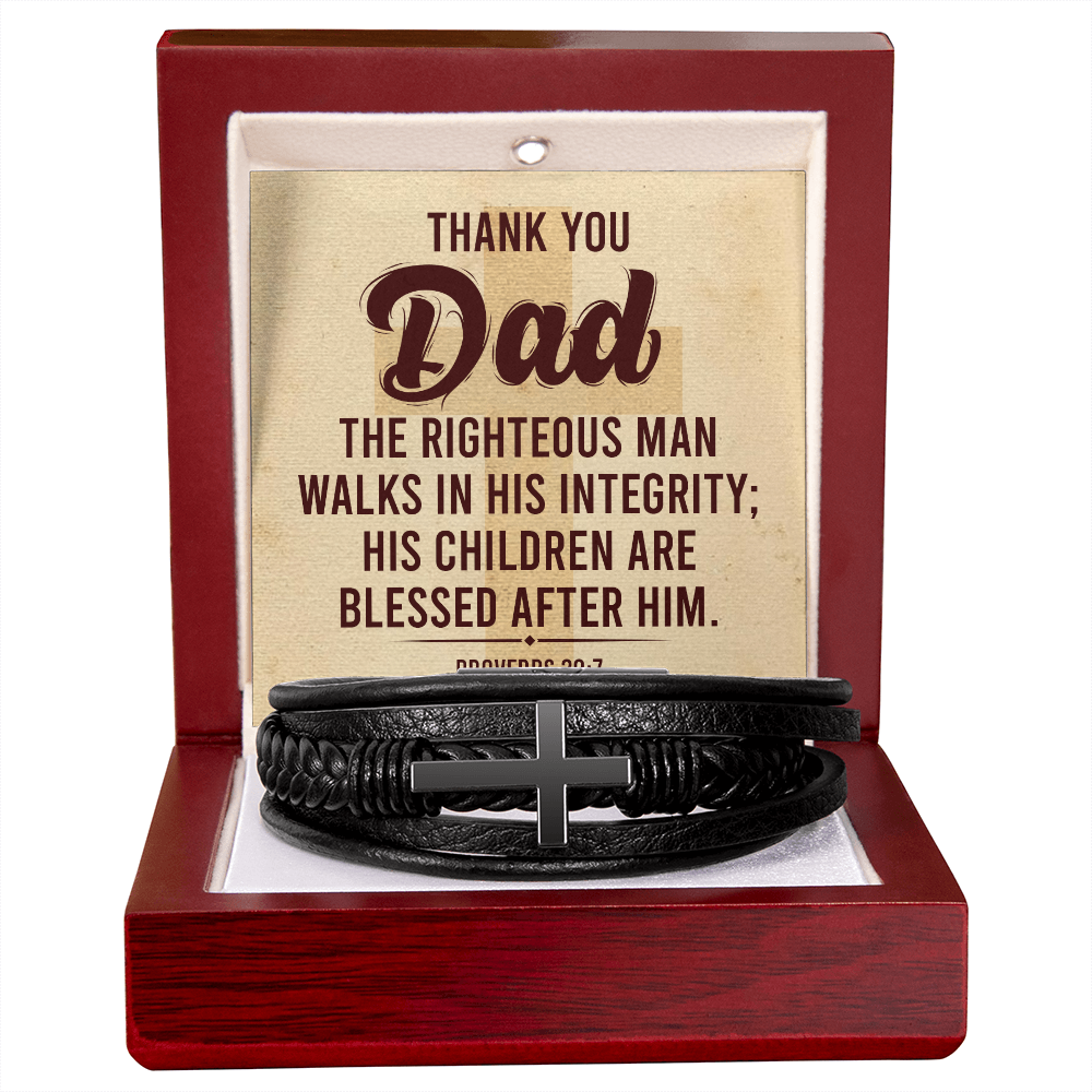 Dad The Righteous Man Walks in His Inegrity Men's Cross Leather Bracelet