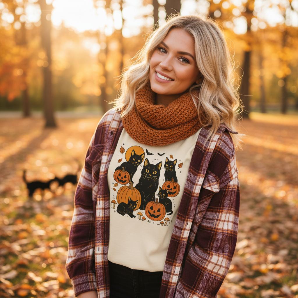 Woman wearing a sweater with black cat and pumpkin design in an autumn setting