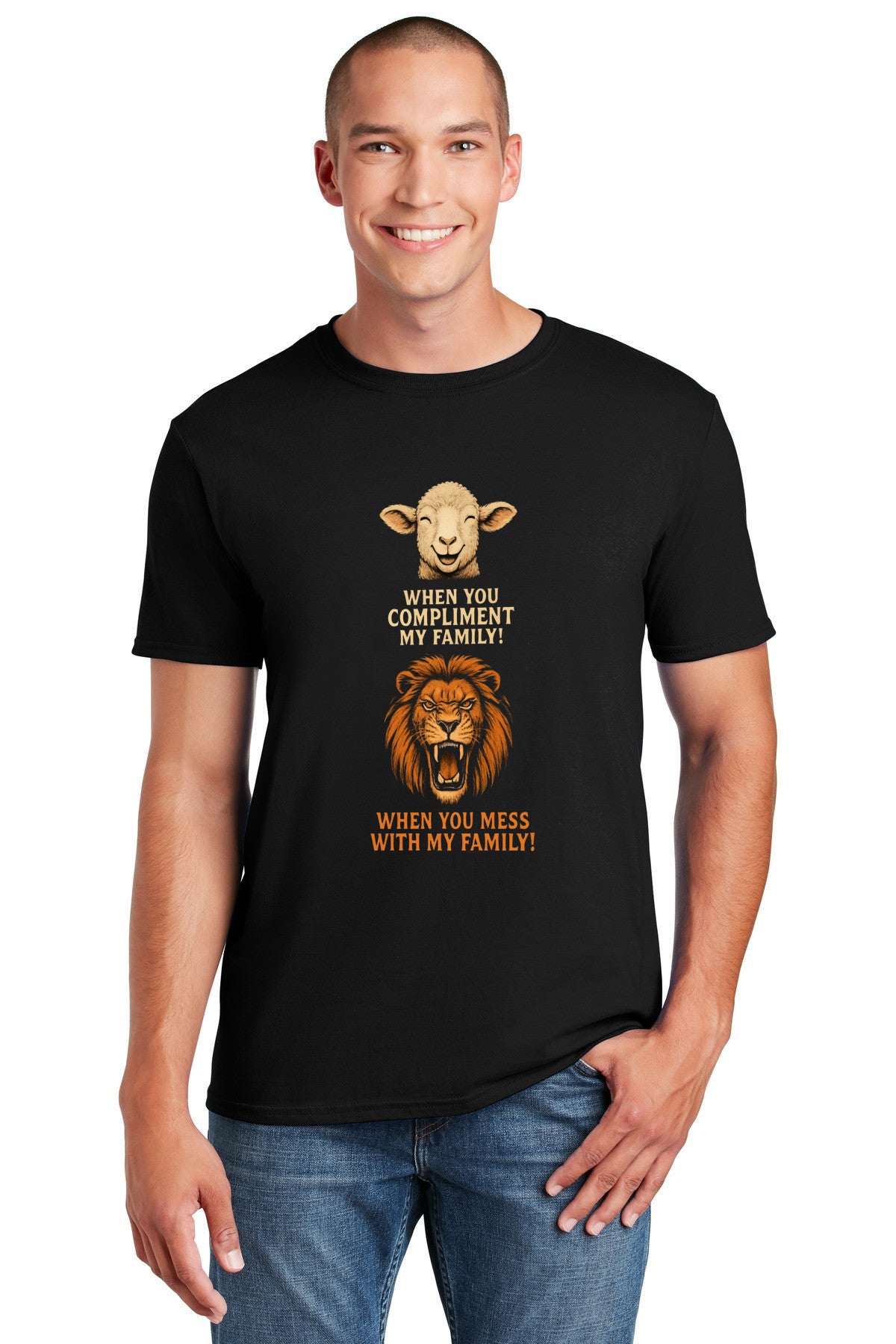A Lamb When You Compliment My Family and a Lion When You Mess With My Family - Cotton Gildan 64000 Soft Style T-Shirt
