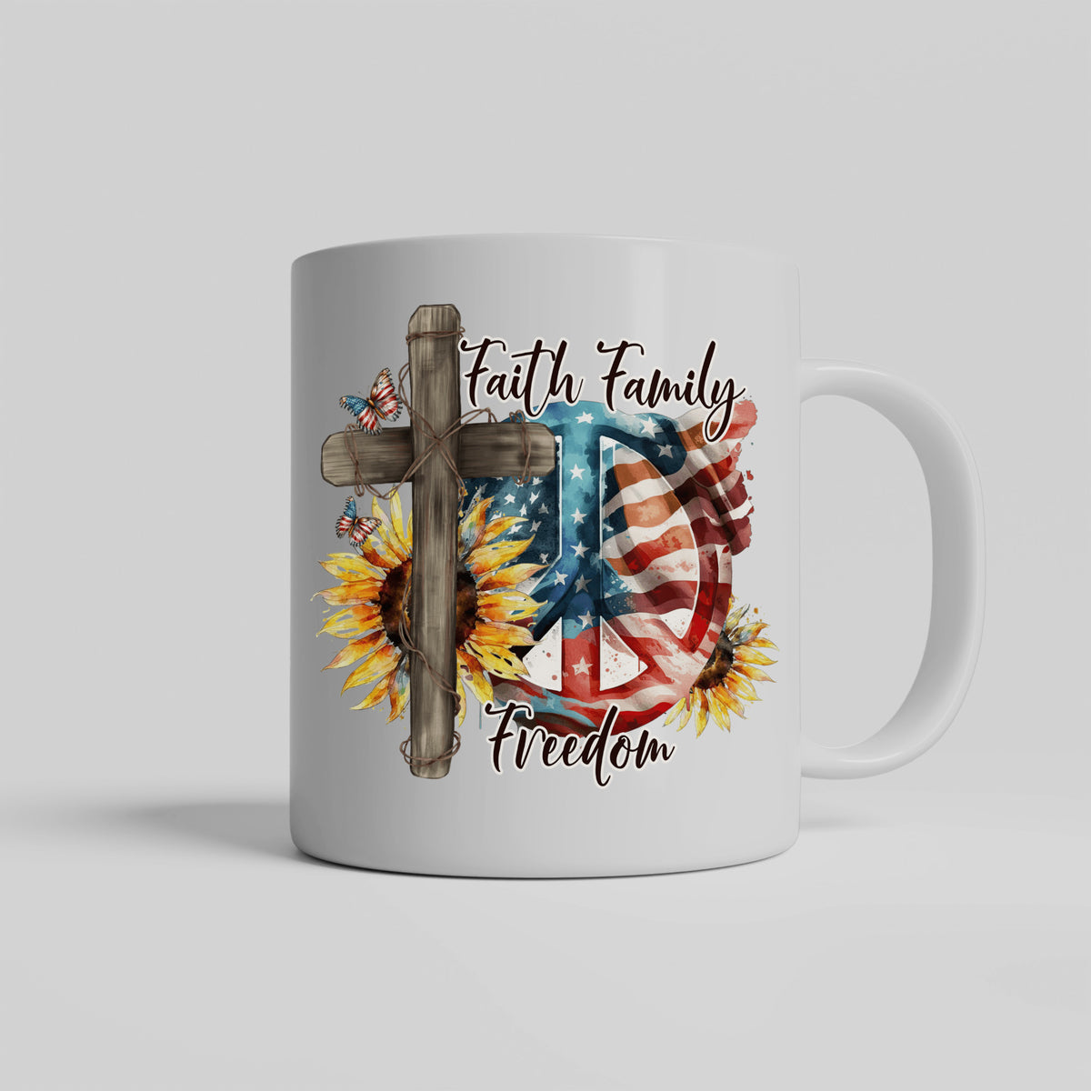 Celebrating Faith Family and Freedom in America Patriotic Ceramic Mug